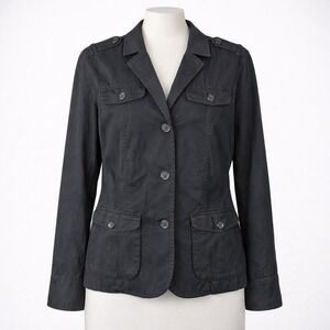 Lands End Y2K Womens Utility Jacket Size 16 Black Button Pockets Grunge Collared